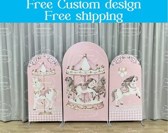 Pink Carousel Arch Stand Backdrop Floral Balloons Chiara Wall Backdrop For Birthday Baby Shower PhotoBooth Photography Banner Party Decor