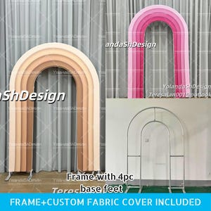 Può includere: Un set di due espositori ad arco con coperture in tessuto nei toni del beige e del rosa, insieme a una struttura in metallo argentato con quattro piedini di base. Il testo YolandaShDesign e Teresalan001@outlook è visibile sulle coperture.