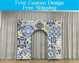 Welcome Open Arch Stand Blue Yellow Portuguese Tile Arch Backdrop PhotoBooth Photography Banner For Wedding Birthday Baby Shower Party Decor