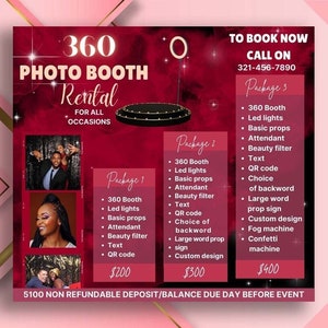 360 Photo Booth, 360 Photo booth Flyer, Photo Booth social media posts, Event flyer, Party flyer, Canva DIY flyer