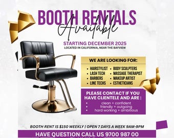 May include: An advertisement for booth rentals, featuring a black and gold salon chair. Text includes "Booth Rentals Available" and "Starting December 2025." The ad seeks hairstylists, lash techs, barbers, and more. Contact information is provided.