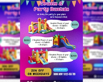 Bounce House Rental Flyer, DIY Canva Bounce House Rental Flyer Template, Kids Party Rental Flyer, birthday bounce flyer