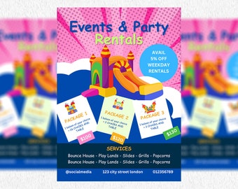 Folleto de alquiler de casa de rebote, plantilla de volante de alquiler de casa de rebote de Canva DIY, folleto de alquiler de fiesta para niños, folleto de rebote de cumpleaños