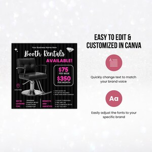 May include: Black and white graphic promoting booth rentals for a salon. The ad features a black salon chair, the text "Booth Rentals AVAILABLE!" and pricing details. The ad also highlights benefits and amenities.
