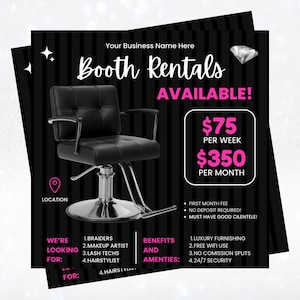Puede incluir: Folleto en blanco y negro que anuncia alquileres de cabinas. El folleto presenta una silla de salón negra, el texto "Booth Rentals AVAILABLE!" e información de precios. También enumera servicios y profesionales buscados.