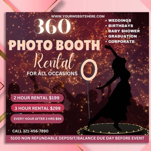 360 Photo Booth, 360 Photo booth Flyer, Photo Booth social media posts, Event flyer, Party flyer, Canva DIY flyer