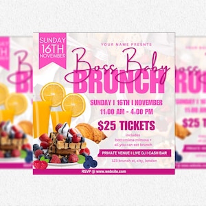 Sunday Brunch Flyer, Editable Social Media Flyer Canva, DIY Brunch, Editable Template Flyer Brunch and booze, Event Birthday Business Flyer
