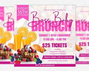 Sunday Brunch Flyer, Editable Social Media Flyer Canva, DIY Brunch, Editable Template Flyer Brunch and booze, Event Birthday Business Flyer