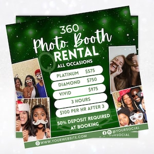 360 Photo Booth, 360 Photo booth Flyer, Photo Booth social media posts, Event flyer, Party flyer, Canva DIY flyer