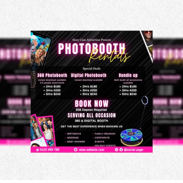 360 Photo Booth, 360 Photo booth Flyer, Photo Booth social media posts, Event flyer, Party flyer, Canva DIY flyer