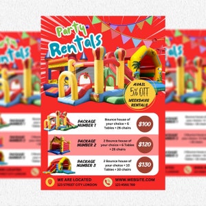 May include: A flyer advertising party rentals with a red background and images of bouncy castles. The flyer lists three packages with different bouncy castle options, tables, and chairs. The prices are £100, £120, and £130. The flyer also states that there is a 5% discount on weekday rentals. The flyer includes the business's website and phone number.