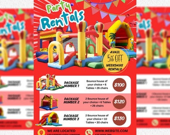 Folleto de alquiler de castillo inflable, plantilla de volante de alquiler de castillo inflable de Canva DIY, volante de alquiler para fiesta infantil, volante de castillo inflable de cumpleaños