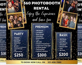 360 Photo Booth, 360 Photo booth Flyer, Photo Booth social media posts, Event flyer, Party flyer, Canva DIY flyer