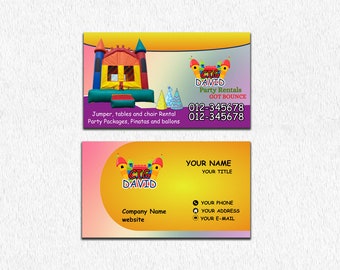 Cartão de visita para aluguel de pula-pula, Cartão de visita para aluguel de equipamentos para eventos, Convite para trampolim, Cartão de visita para infláveis, Modelo de pula-pula