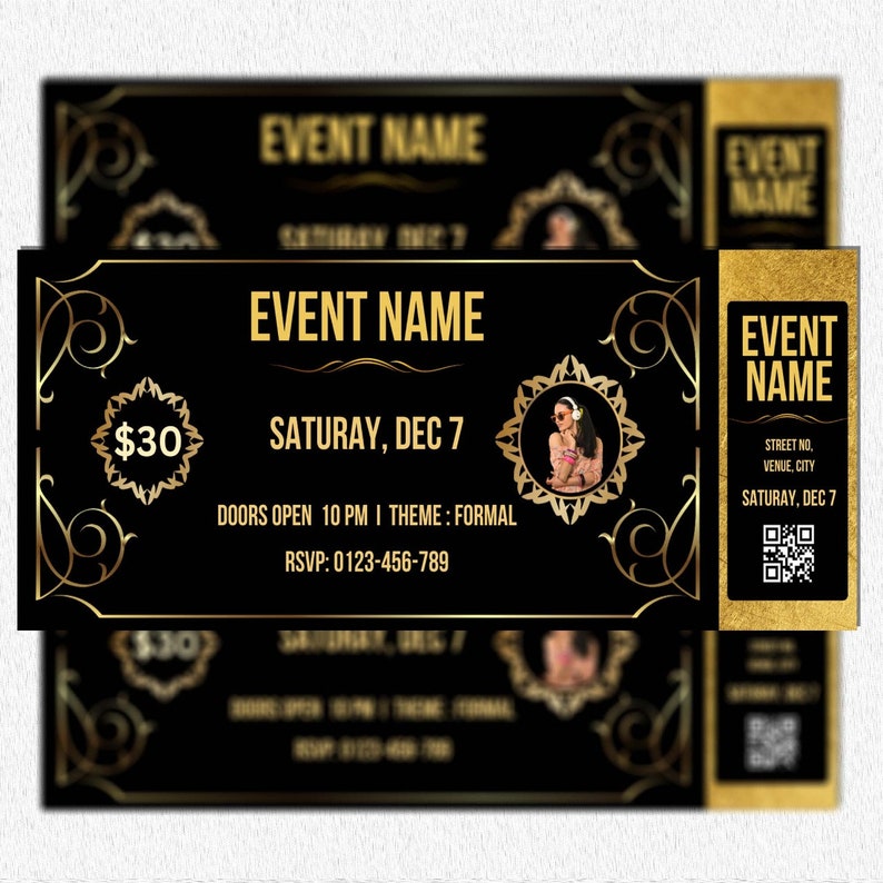 Gold Event Ticket Invitation, Gala Invitation Ticket, Birthday Ticket ...