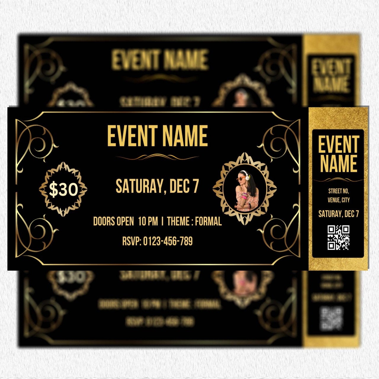 Gold Event Ticket Invitation, Gala Invitation Ticket, Birthday Ticket