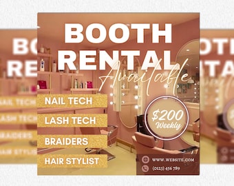 May include: A pink and gold salon interior with a sign that reads "Booth Rental Available". The sign is surrounded by a gold glitter background. There are four gold glitter buttons that read "Nail Tech", "Lash Tech", "Braiders", and "Hair Stylist". There is a pink chair and a large round mirror with light bulbs around it. The text "$200 Weekly" is written in a pink circle. There is a website address and phone number at the bottom of the image.