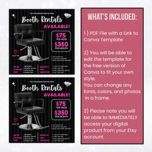 May include: Black and white graphic advertising booth rentals. The ad includes a black salon chair, pricing, and text that reads "Booth Rentals Available!" and "We're looking for: Braiders, Makeup Artists, Lash Techs, and Hairstylists."