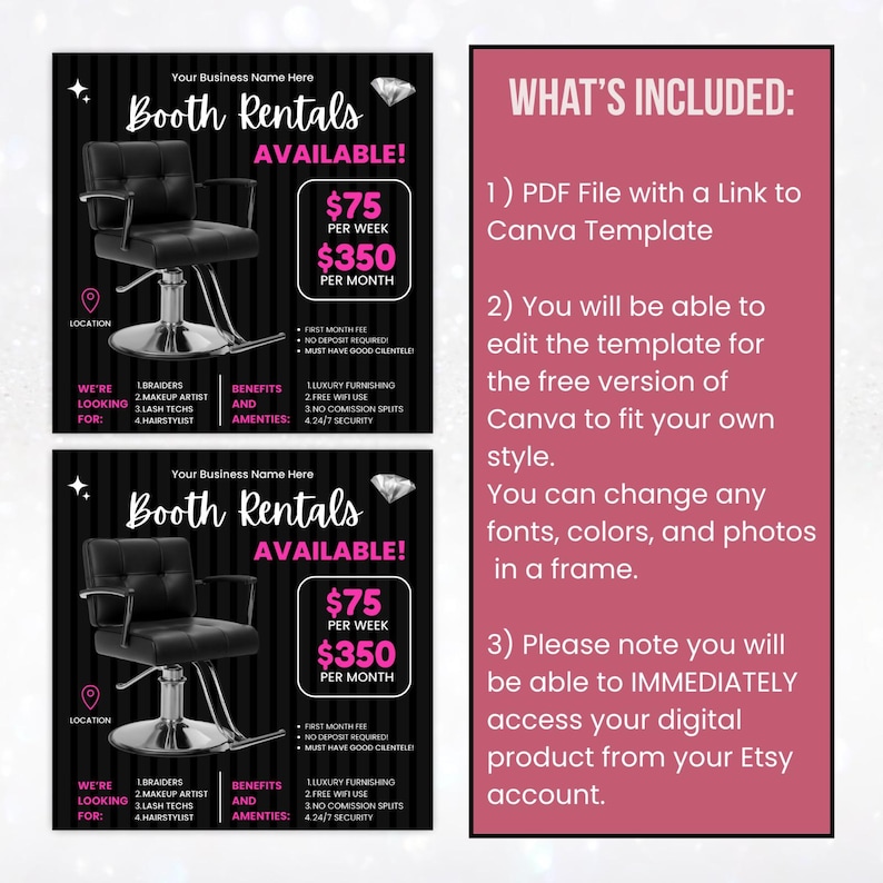 May include: Black and white graphic advertising booth rentals. The ad includes a black salon chair, pricing, and text that reads "Booth Rentals Available!" and "We're looking for: Braiders, Makeup Artists, Lash Techs, and Hairstylists."