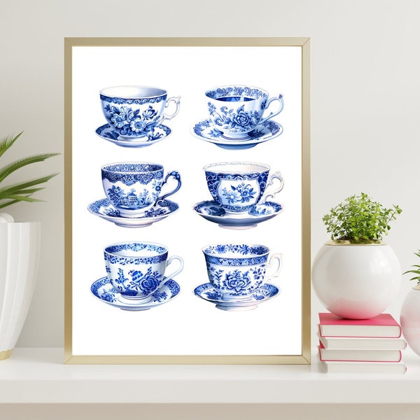 Blue & White Delft Teacups, Printable Wall Art, INSTANT DOWNLOAD, Cottagecore Kitchen Decor, Poster Art, Chinoiserie Tea Cup Art