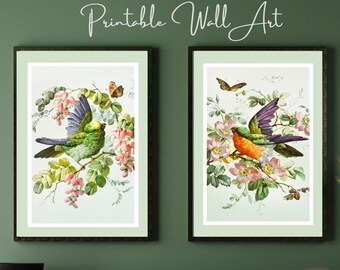 Printable Vintage Wall Art | Set of 2 | INSTANT DOWNLOAD | Vintage Botanical Illustrations of Birds and Flowers | Cottagecore Aesthetic