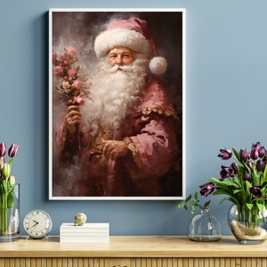 Arte de pared vintage de Papá Noel rosa, impresión digital, DESCARGA INSTANTÁNEA, pintura al óleo de Papá Noel navideño, decoración cottagecore, impresión de temporada navideña