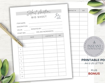 Printable Silent Auction Bid Sheet with Bonus Results Tracker | Printable PDF | INSTANT DOWNLOAD | Fundraising Event Charity Bidding Form