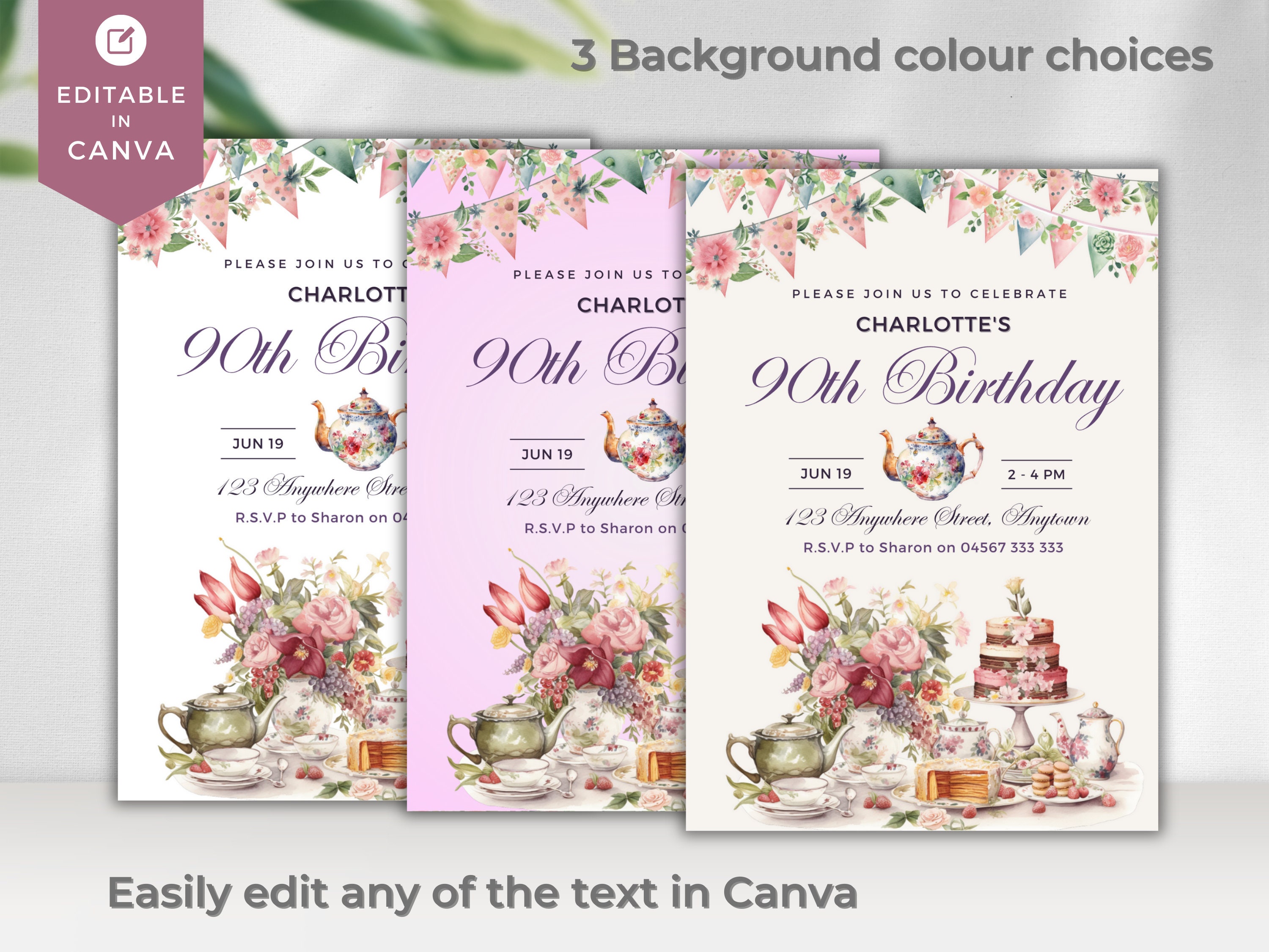 90th Birthday High Tea Invitation | Edit in Canva | Instant Template ...