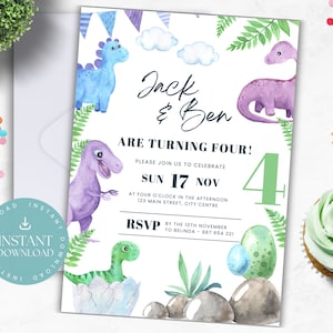 Dinosaur Double Birthday Party Invitation | Pastel Theme Template for Two Kids | Editable in Canva | INSTANT DOWNLOAD | Sibling and Twins