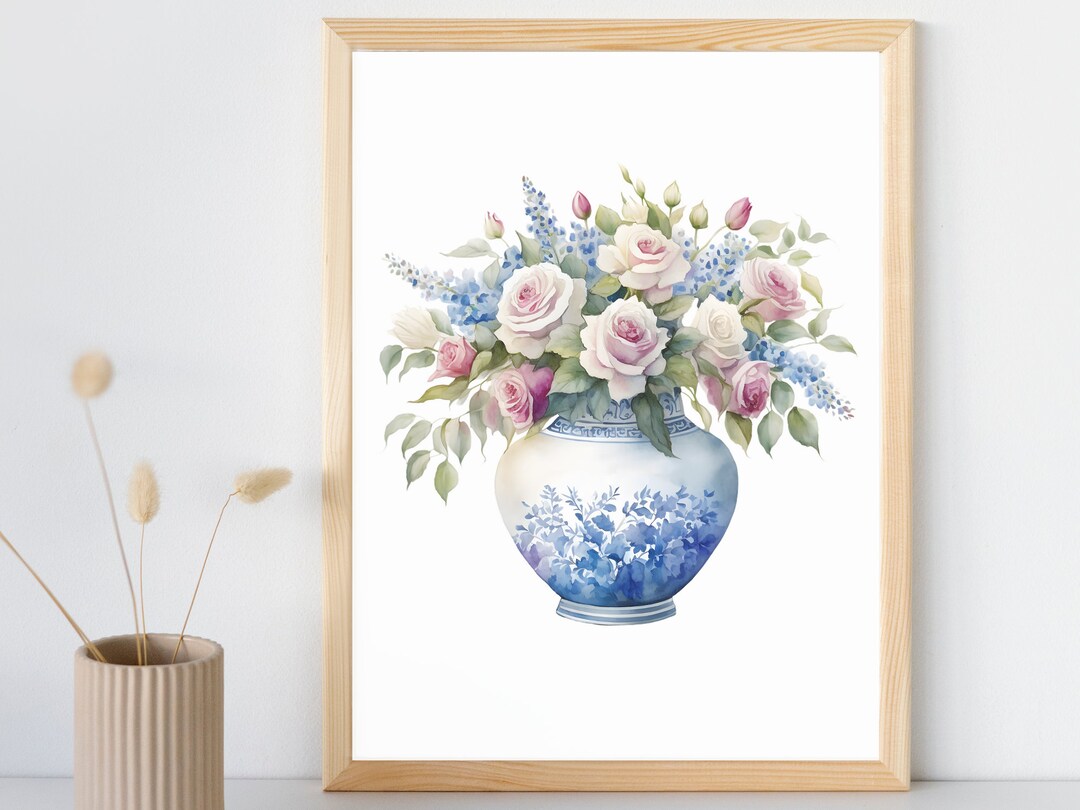 Blue Chinoiserie Watercolor Roses Art Print Set