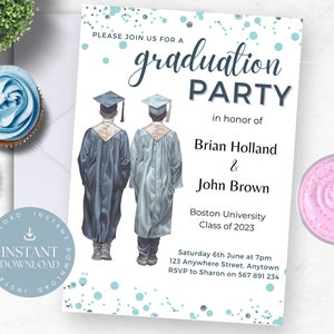 Double Graduation Party Invitation Template, Boys Graduation Invite, Printable & Editable Template, Edit in Canva, Instant Digital Download
