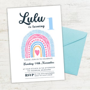 Rainbow 1st Birthday Invitation Template | First Birthday Boho Rainbow Party Invite for kids | Printable and Editable INSTANT DOWNLOAD