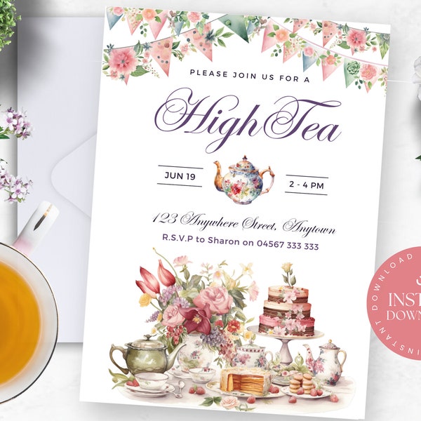 EDITABLE High Tea Invitation | Instant Download | Printable Party Invite | Edit in Canva Template | Pink & Green Floral | English Tea Party