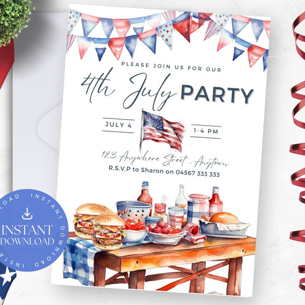 Editable 4th of July Party Invite | Edit in Canva | INSTANT DOWNLOAD | Printable Independence Day Invitation | 5x7 | Summer Picnic BBQ