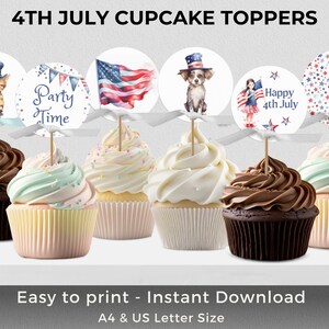 4th of July Cupcake Toppers | INSTANT DOWNLOAD | Printable Party Decoration | Patriotic Independence Day USA | Party Cake Decorations