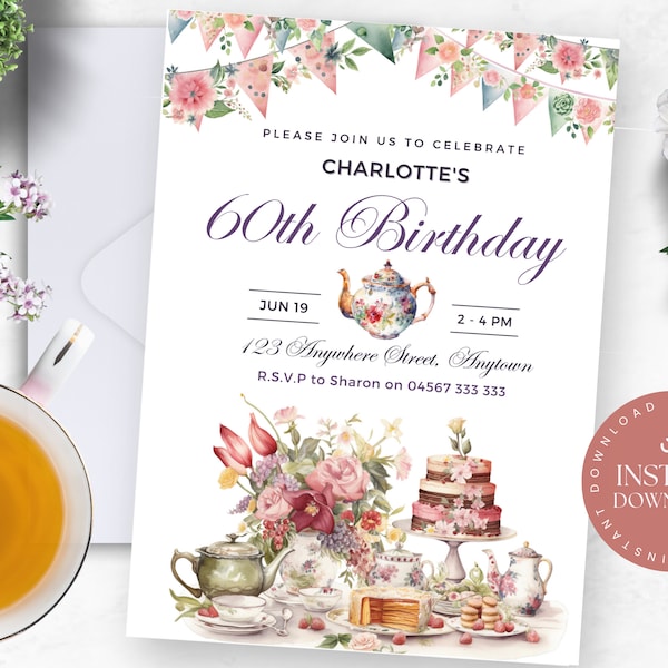 60th Birthday High Tea Invitation | Edit in Canva | Instant Template Download | Printable Party Invite | Pink Green Floral English Tea Party