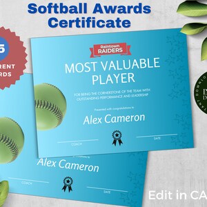 Softball Award Certificate Template Editable | Create Custom Team Member Awards | Edit in Canva | Sports Certificates | End of Year Gift
