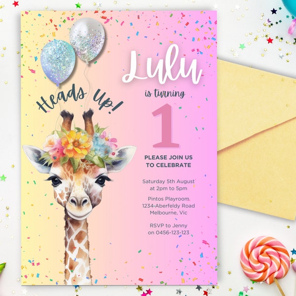 Fun Giraffe 1st Birthday Invitation Template, Editable in Canva, INSTANT DOWNLOAD, First Birthday Party Invite for Girl