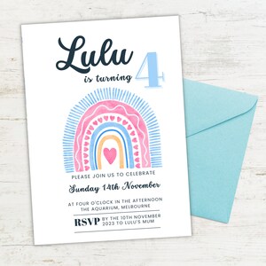 Plantilla de invitación para el cuarto cumpleaños con arcoíris / Invitación para fiesta de arcoíris bohemia para el cuarto cumpleaños para niños / Imprimible y editable DESCARGA INMEDIATA