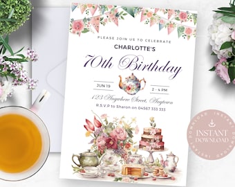 70th Birthday High Tea Invitation | Edit in Canva | Instant Template Download | Printable Party Invite | Pink Green Floral English Tea Party