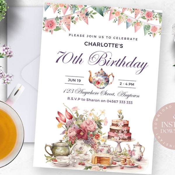 70th Birthday High Tea Invitation | Edit in Canva | Instant Template Download | Printable Party Invite | Pink Green Floral English Tea Party