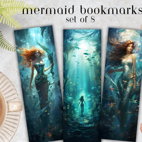 Signets Enchanting Mermaids, Set of 8, Printable Bookmark, Instant Download, Sea Lover Gift, Gift for Bookworm, Charming Ocean Design