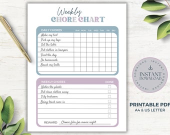 Kids Weekly Chore Chart, Printable PDF, Chore Chart for Kids, Responsibility Chart, INSTANT DOWNLOAD, Children Job Checklist, Daily & Weekly