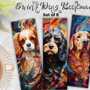 May include: Set of 8 colorful bookmarks featuring abstract swirls and three different dog breeds: a Cavalier King Charles Spaniel, a black and tan mixed breed dog, and a Golden Retriever. The bookmarks are printed on high-quality cardstock.