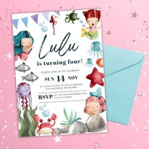 Mermaid Birthday Invitation Template Girl | 4th Birthday Mermaid Theme | Editable in Canva | INSTANT DOWNLOAD
