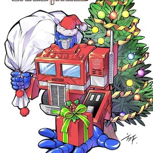 May include: A red robot dressed as Santa Claus holding a white bag and a red gift box with a green bow. The robot is standing next to a green Christmas tree with yellow lights and ornaments.