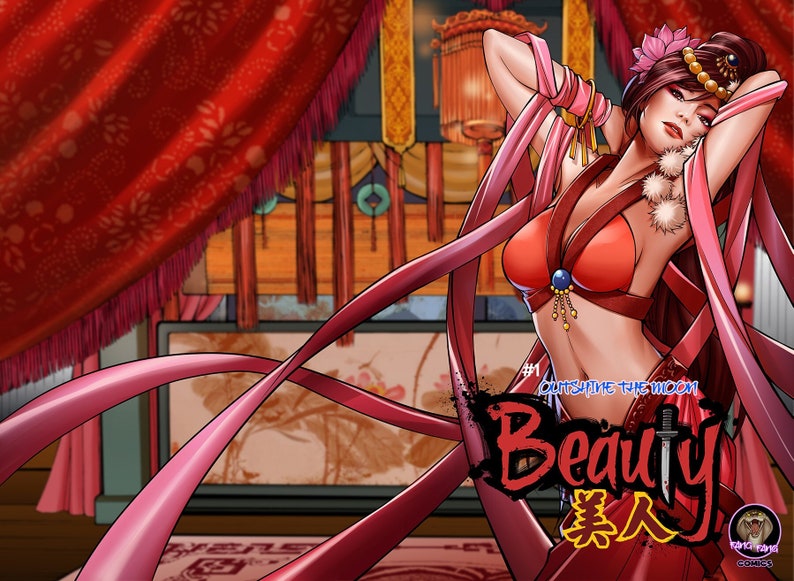May include: A woman in a red and pink outfit with long flowing pink ribbons. The text on the image reads '#1 Outshine the Moon Beauty 美人' and 'FairyTale Comics'.