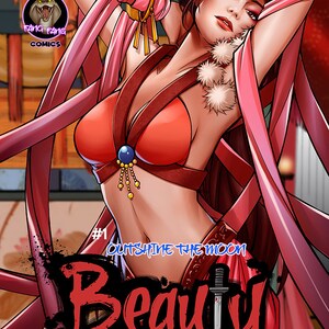 May include: A comic book cover featuring a woman in a red and pink outfit with a sword. The title of the comic is "Beauty #1 Outshine the Moon".