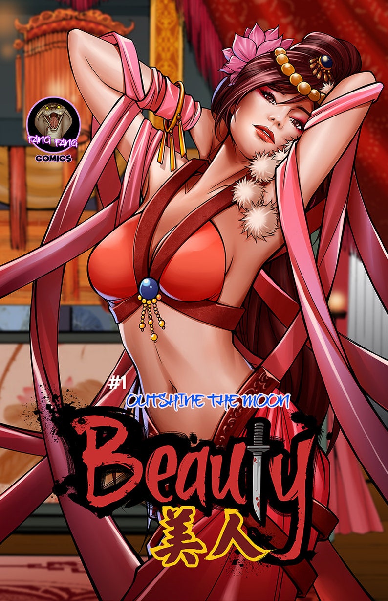 May include: A comic book cover featuring a woman in a red and pink outfit with a sword. The title of the comic is "Beauty #1 Outshine the Moon".