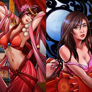 May include: Two women in colorful, flowing robes pose in a dramatic setting. One woman wears a red robe with a pink sash and a jeweled headpiece. The other woman wears a pink robe with a red sash. Both women have long, dark hair and are looking at the camera.